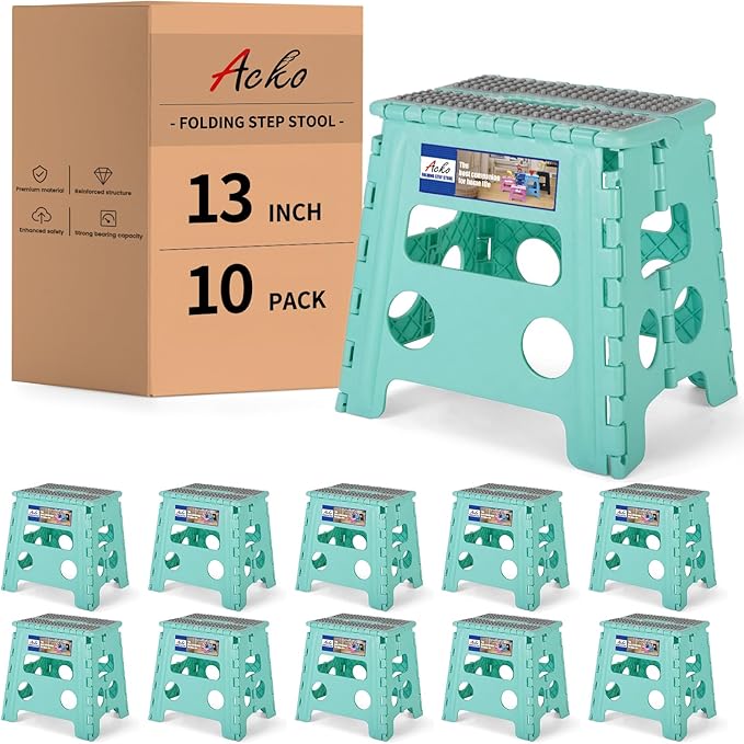 ACKO 10pack Folding Step Stool 13 Inch Stool Heavy Duty Plastic Foldable Step Stools for Kids, Stepping Stool with Handle, Folding Stool Suitable for Kitchen Hold Up to 300 LB (Teal)