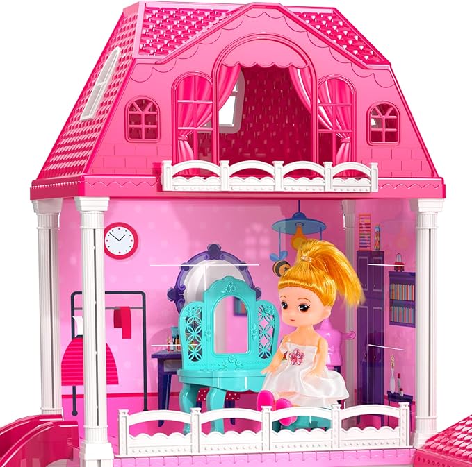 TEMI Villa Toys for 3-8 Years Old Girls - 3 Storeys 6 Rooms Indoor Playset with 2 Dolls, Furniture and Accessories, Pretend Girls Plays, Building Toys, Gifts for Kids 3-5