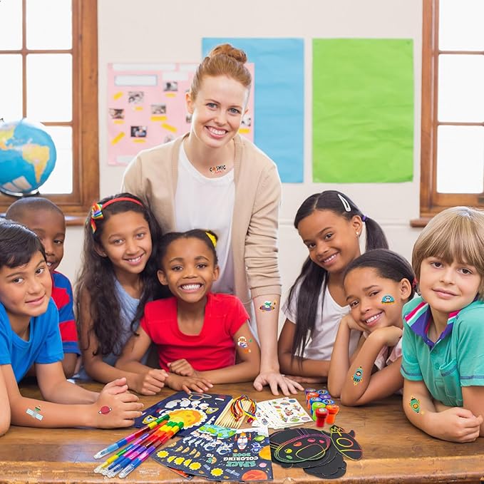 72 Pcs Outer Space Coloring Book with Crayons Party Favors,Space Astronaut Party Goodie Bags Fillers,Galaxy Planet Birthday Party Games Craft DIY Kit Magic Scratch Art Paper Tattoo for Rocket Pinatas