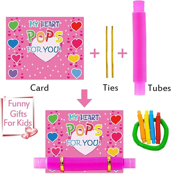 32 Pack Valentines Day Gifts for Kids, Valentines Day Cards for Kids with Pop Tubes, Stress Relief Fidget Toys for Valentine Classroom School Exchange Prizes Party Favors Supplies