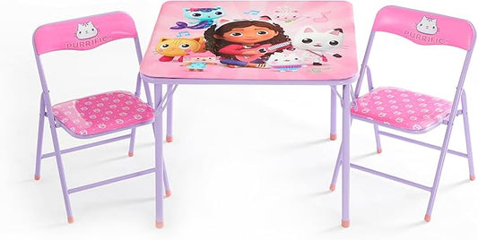 Idea Nuova Gabby's Dollhouse 3 Piece Children's Activity Square Table and 2 Folding Chairs Set, Ages 3+
