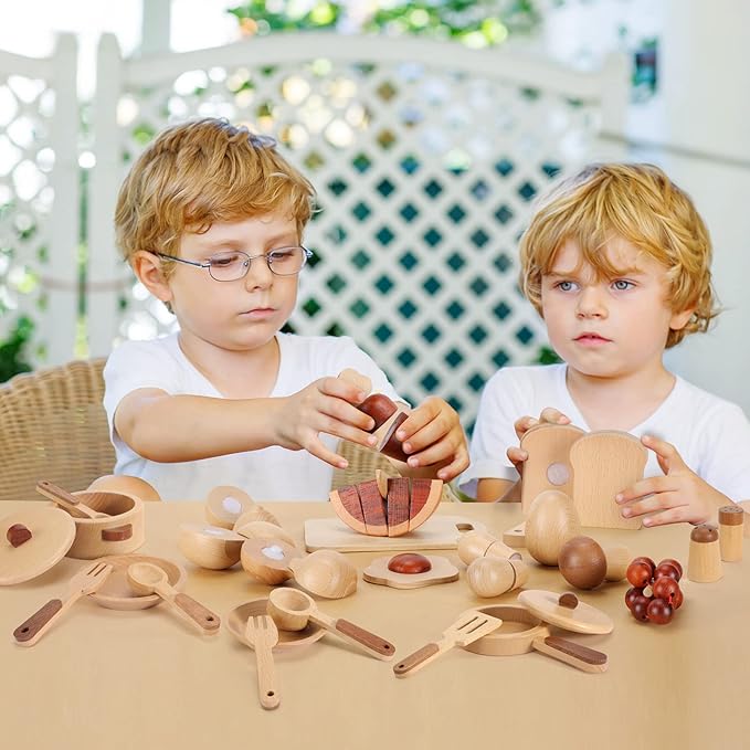 WHOHOLL Wooden Play Food, Toddler Cutting Play Food Sets for Kids Kitchen, Velcro Fake Food Fruit Toys for Pretend Play Kitchen, Montessori Toy Kitchen Accessories for Girls Boys Gifts