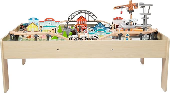 Amazon Basics 120 Piece Wooden Train Set and Table-kids Gift for Age 3Y+, Multi, Product dimensions: 47.4 x 33.46 x 16.14 inches
