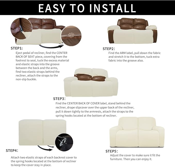 Easy-Going 6 Pieces Microfiber Stretch Sectional Recliner Sofa Slipcover Soft Fitted Fleece 2 Seats Couch Cover Washable Furniture Protector with Elasticity for Kids (Recliner Loveseat, Ivory)