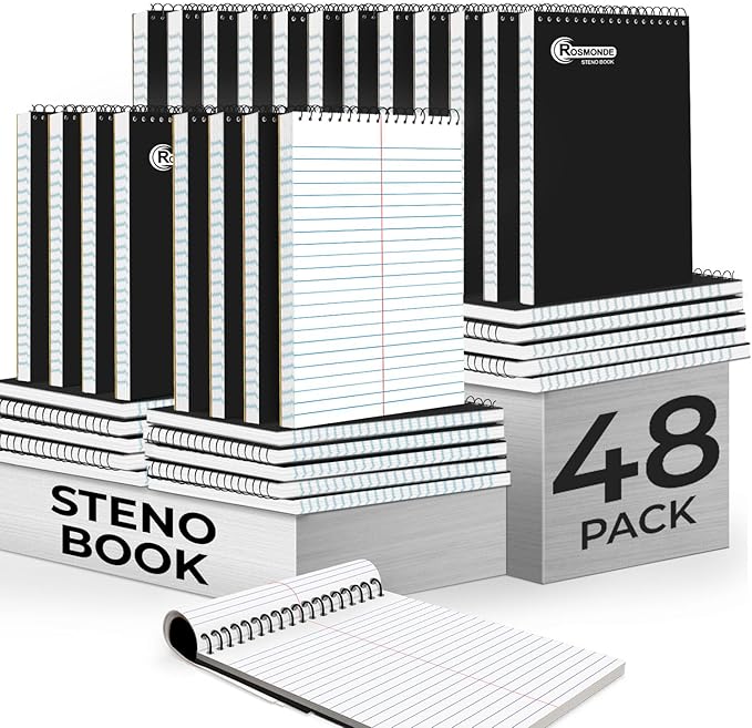 48 Pack Bulk Spiral Steno Pads, 6"x 9", Steno Notebook Gregg Rule, Black Covers, 80 Sheets (160 Pages), Top Spiral Notebook, Bulk Steno Notebooks for Notes in School, College, Office Notepad