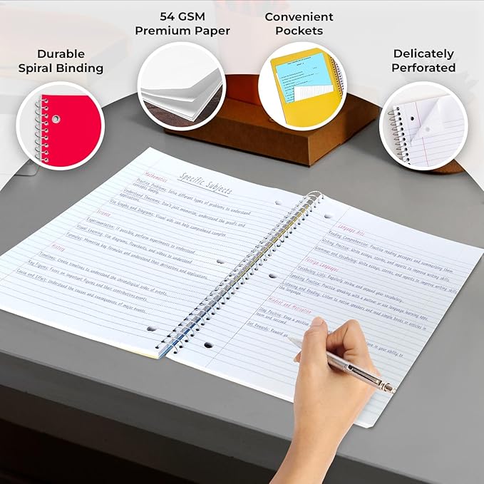 24 Pack 3 Subject Spiral Notebook Wide Ruled, Extra Pages - 300 Pages (150 Sheets), 8 x 10-1/2", Bulk Subject Notebooks for School & Office, Thick Paper Fights Ink Bleed, Bulk Spiral Notebook
