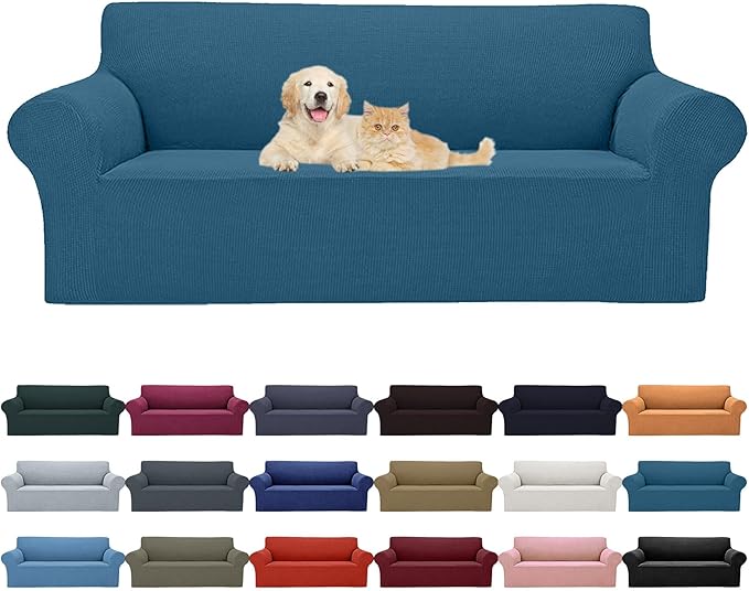 2025 New Stretch Sofa Slipcovers Couch Cover for 3 Cushion Furniture Protector Sofa Covers with Elastic Bottom Jacquard Fabric Small Checks for Pets, Kids -Sofa, Peacock Blue