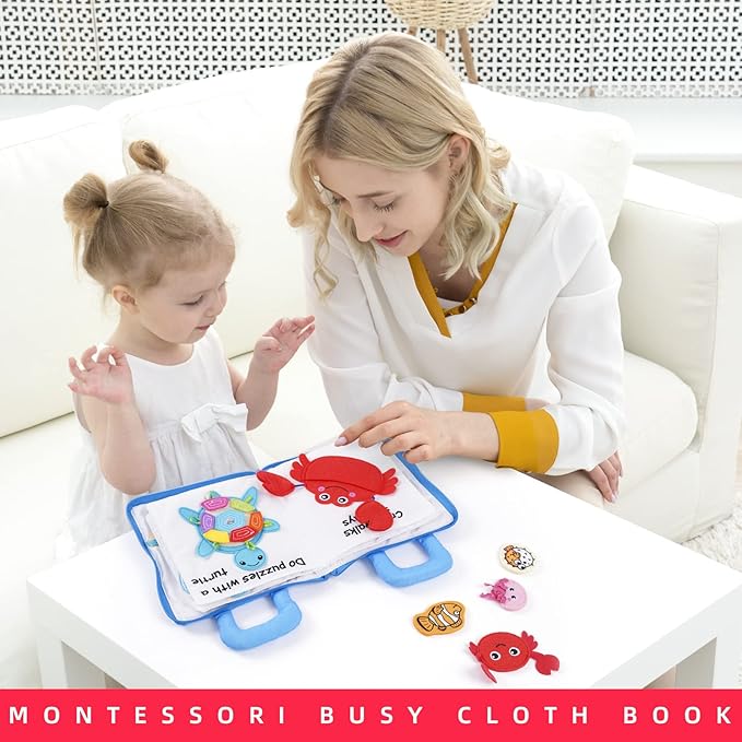 Jollybaby Quiet Book for Toddlers - Montessori Basic Skills Activity Toys - Preschool Learning Soft Travel Toy & Sensory Educational Busy Book for 1-3 Year Old Boys & Girls + Zipper Bag(Wathet)