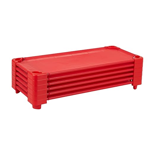 ECR4Kids Stackable Kiddie Cot, Ready-to-Assemble, Standard Size, Classroom Furniture, Red, 6-Pack