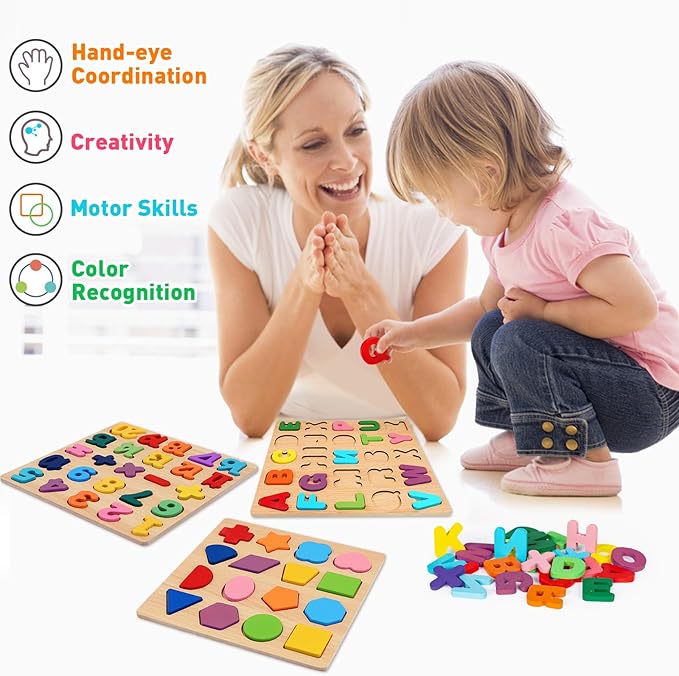 Attmu Wooden Puzzles for Toddlers 1 2 3 4 5 Year Old, Alphabet Puzzle Number Puzzle Shape ABC Puzzle, 3 in 1 Preschool Educational Learning Toys with Puzzle Board for Girls Boys Set of 3