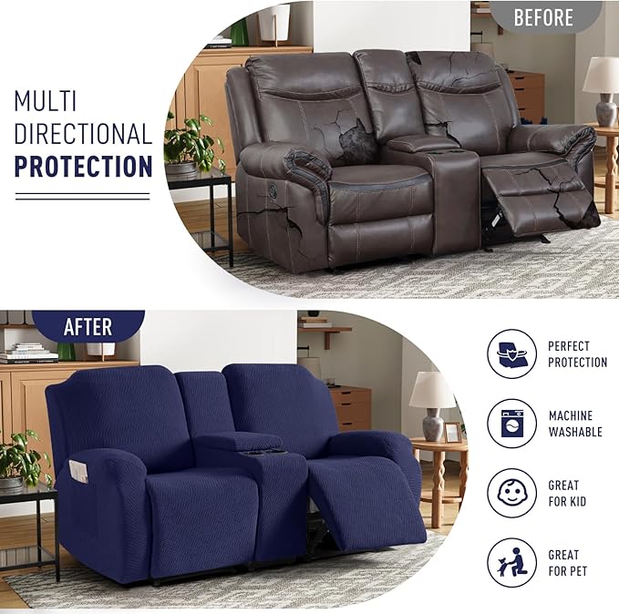 KinCam Loveseat Recliner Covers with Middle Console Slipcover, Recliner Sofa Covers 2 Seat Couch Cover Stripe Jacquard Furniture Protector Covers with Elastic Bottom for Kids, Pets (Dark Blue)