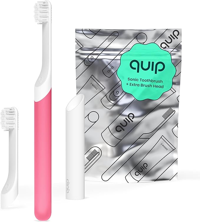 Quip Sonic Toothbrush for Kids with Timer - Includes Extra Brush Head and Travel Cover Mount - Electric, Soft Bristle Refill Head, Rubber Handle, 3 Month Battery Life - Travel Toothbrush - Pink