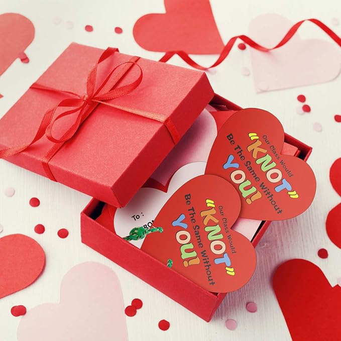 50 Pieces Valentines Knot Bracelets with Cards Kids Nylon Bracelet with Greeting Card Wishes Woven Friendship Bracelets for Valentine's Day Party Favor Supplies