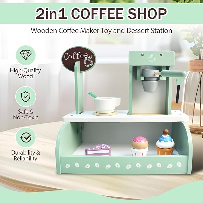 Kids Coffee Maker, Wooden Toy Coffee Maker for Kids, Kids Coffee Playset, Play Coffee Maker Set Rich in Accessories, for Toddler Girls and Boys, Aged 3 4 5 6