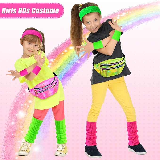 Giegxin 2 Set 80s Leg Warmers Set for Girls Kids Neon Ribbed Knit Leg Warmers Fitness Headband Wristbands for Cosplay Party