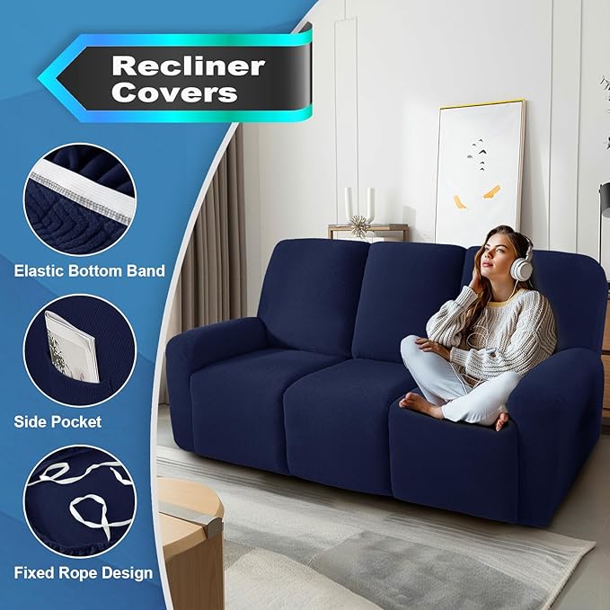 JIVINER 5 Pieces Recliner Sofa Covers Stretch Recliner Sofa Slipcover with Elastic Bottom Jacquard Fitted Reclining 3 Cushion Couch Cover Furniture Protector with Pockets (3 Seater, Navy Blue)