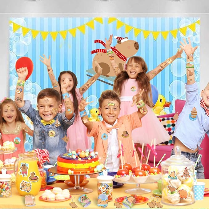 98 PCS Capybara Party Favors, Capybara Temporary Tattoos, Slap Bracelets, Keychains, Stickers, and Badges for Kids Capybara Birthday Party Decorations and Classroom Rewards