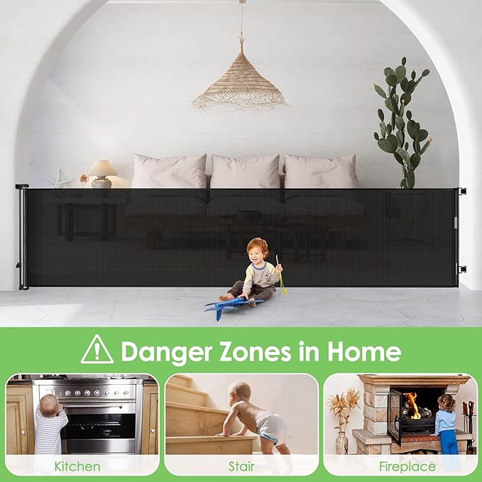 90 Inch Retractable Baby Gates Extra Wide Dog Gates for The House Extra Long Baby Gate for Stairs Child Gates for Wide Openings Large Dog Gate Indoor Outdoor Pet Gates for Dogs, Black