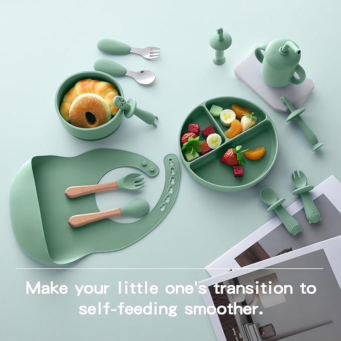 Silicone Baby Feeding Set,13PCS Baby Feeding Essentials with Suction Bowl and Plate,Spoons & Forks,Bib & Cup,Baby Toothbrush,Baby Led Weaning Supplies for 6+ Months,Baby Eating Essentials(Light Green)