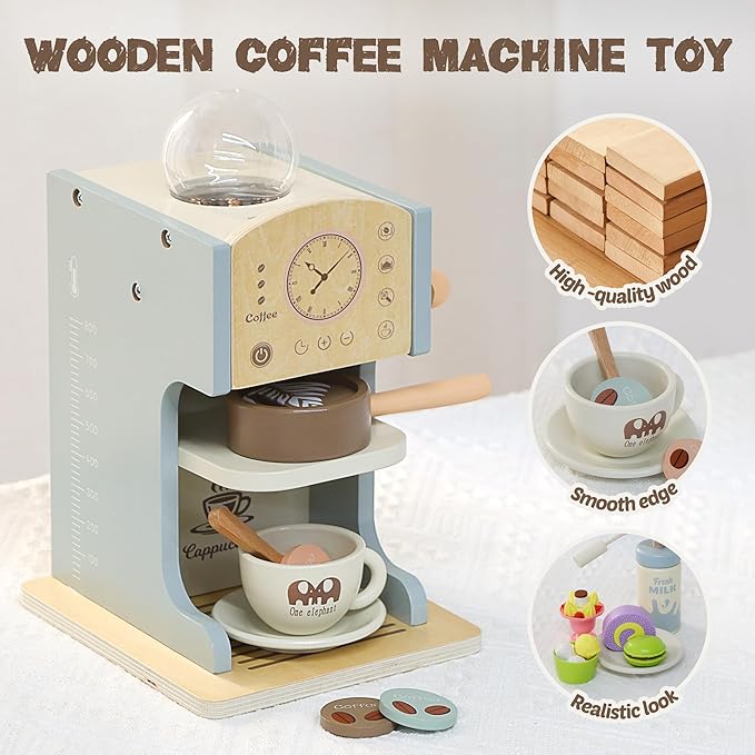 Kids Coffee Playset Kitchen Toys，Wooden Coffee Maker Toy Set with Play Kitchen Accessories, Pretend Play Coffee Set for Kids Girls Boys