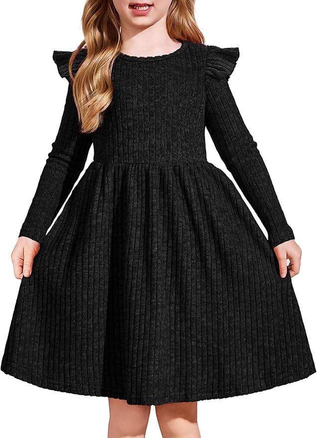 Arshiner Toddler Girl Dress Baby Girls Knitted Ruffle Sleeve Pocket Dresses A-Line Flared Fall Winter Clothes for 2-8 Years