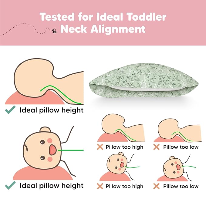 Toddler Pillow with Pillowcase - 13x18 My Little Dreamy Pillow, Organic Cotton Toddler Pillows for Sleeping, Kids Pillow, Travel Pillows, Mini Pillow, Nursery Pillow, Toddler Bed Pillow (DinoDood)