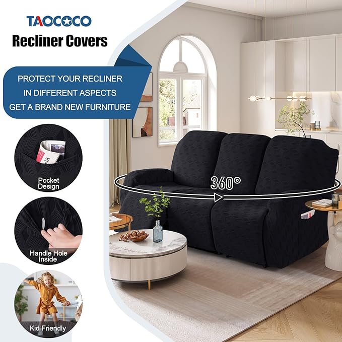 TAOCOCO Recliner Sofa Covers Stretch Reclining Couch Cover, Jacquard Recliner Couch Cover for 3 Seat Furniture Protector Sofa Slipcovers with Elastic Bottom for Kids, Pets (Black)