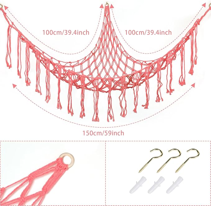 Boho Stuffed Animals Net or Hammock Large,55 inch Toy Hammock Macrame Stuff Animal Storage Corner Hanging Net Holder,Mesh Hammock Plush Toy Organizer with Hooks for Bedroom,Nursery (Pink)