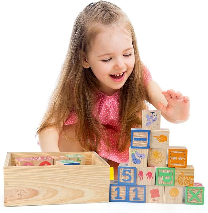 Joqutoys ABC Wooden Building Blocks for Toddlers 3 Large, 40 PCS Alphabet & Number Stacking Blocks with Storage Tray, Montessori Educational Learning Toys for Boys Girls Kids Gifts 1.65"