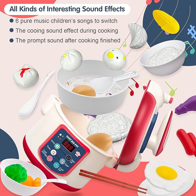 25PCS Kids Kitchen Pretend Play Toys, Mini Electronic Rice Cooker Toys, Cooking Toys with Music Steam Effect, Cookware Kits Kitchen Playset Food Accessories for Toddlers Boys Girls