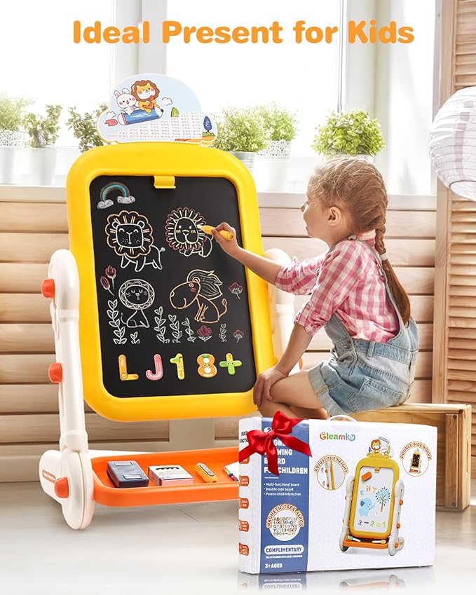 Kids Art Easel for Toddler 3-8, 4 in 1 Standing Rotatable Drawing Board with Painting Accessories, Large Magnetic Child White Board & Chalkboard Learning Educational Toy for Boys Girls Gift with Case