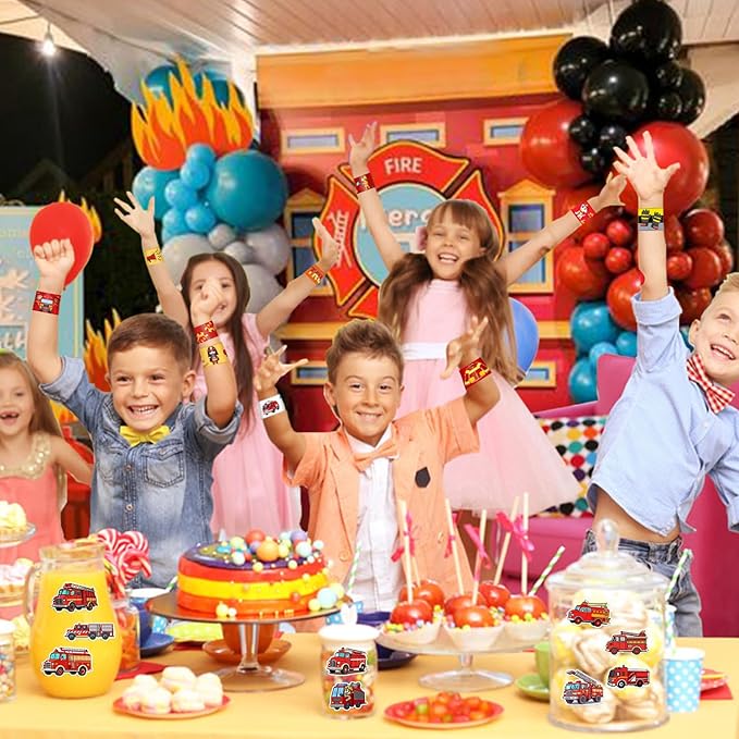 86PCS Fire Truck Party Favors 36PCS Fire Truck Slap Bracelets 50PCS Kids Fire Truck Stickers Firefighter Snap Bracelet for Kids Fire Truck Birthday Decorations Classroom Rewards Prizes