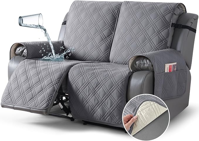 TAOCOCO 100% Waterproof Loveseat Recliner Cover, Non Slip Split Loveseat Covers for Reclining Loveseat with Elastic Straps, Washable Recliner Chair/Furniture Protector for Kids Pets(2 Seater, Gray)