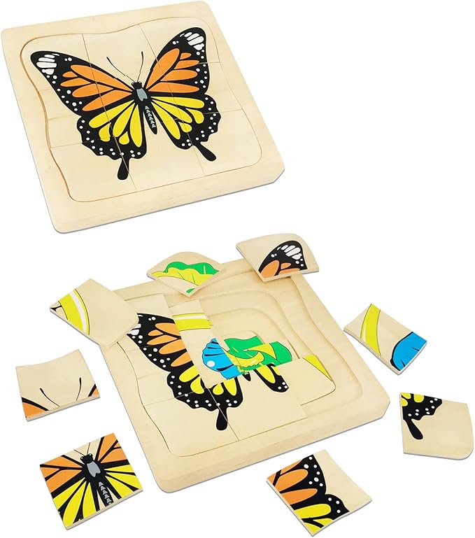 Montessori Wooden Puzzles for Kids Ages 4-8, 4 Layer Life Cycle of Butterfly Jigsaw Puzzle for Toddlers, Children Preschool Learning Educational Puzzles Toys for Boys and Girls (Butterfly)