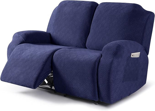 VANSOFY Recliner Cover, 2-Pieces Stretch Reclining Couch Cover with Pockets Loveseat Sofa Slipcovers Soft Washable Furniture Protector for Dogs(Navy Blue)