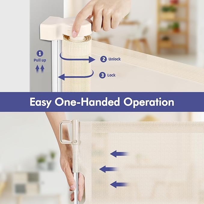 145 Inch Retractable Baby Gates Extra Wide Retractable Dog Gate for Large Openings – Indoor Extra Long Baby Gate Retractable Fence Outdoor Mesh Baby Gate Retractable Pet Gate Long Dog Gate, Beige