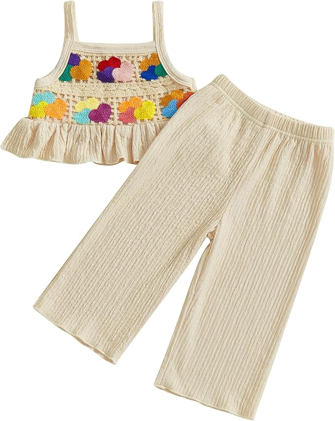 6M-5T Little Girl Clothes Boho Outfit Straps Hearts Shirts Cami Tank Tops Wide Leg Pants Baby Girl Summer Clothes