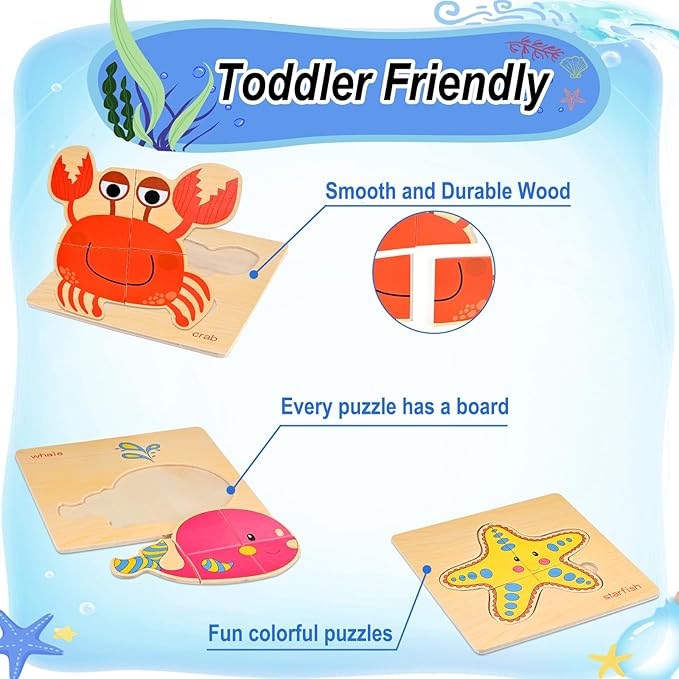 8pcs Wooden Puzzles for Toddlers 1-3, Toddler Puzzles Ages 2-4, Montessori Toys for 1-3+ Years Girl Boy, Sea Animal Puzzle for Kids, Jigsaw Puzzles Educational Toys Preschool Puzzles for 1-3