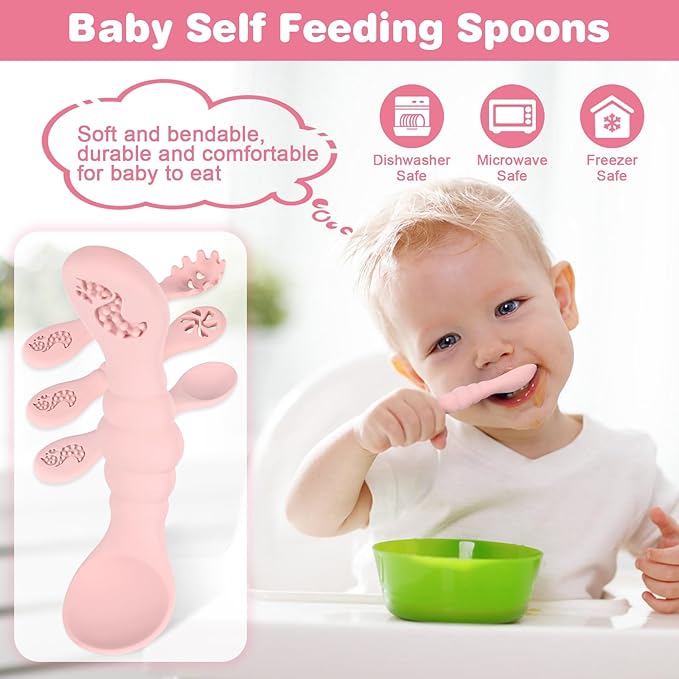 Silicone Baby Spoons Self Feeding 6+ Months 3PCS Toddler Forks and Spoons Utensils Baby Led Weaning Teething Spoon Infant Spoons First Stage Newborn Baby Essentials Baby Gifts Pink