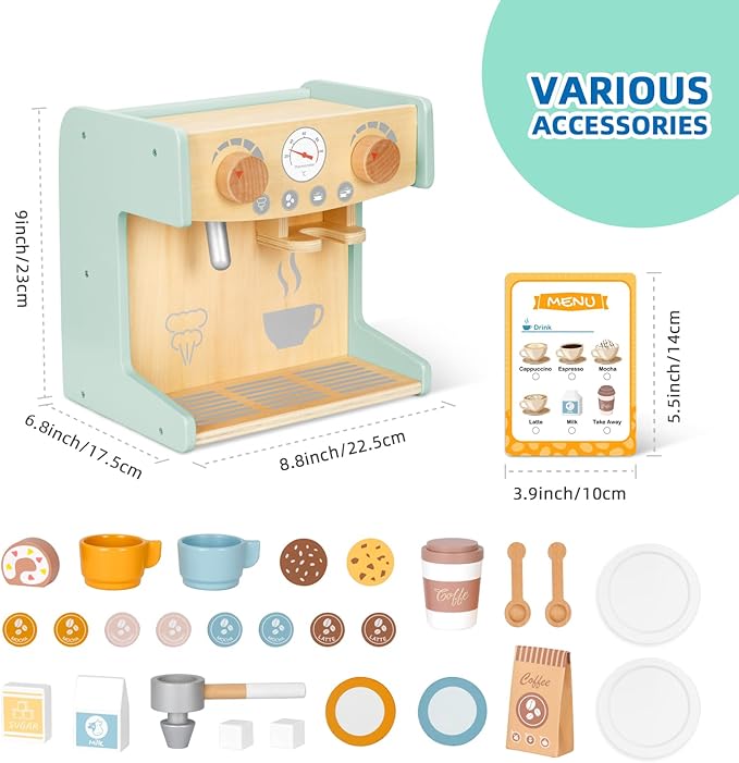 2-in-1 Kids Wooden Toy Coffee Maker Playset, Toddler Pretend Play Kitchen Food Small Coffee Shop with 28 Pcs Play Kitchen Accessories for Girls & Boys