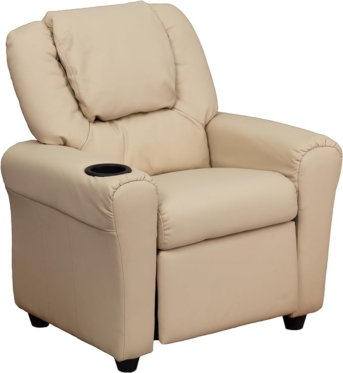 Flash Furniture Vana Vinyl Kids Recliner with Cup Holder, Headrest, and Safety Recline, Contemporary Reclining Chair for Kids, Supports up to 90 lbs., Beige