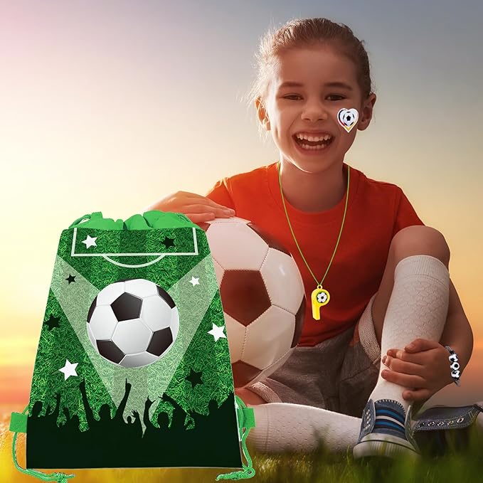 132Pcs Soccer Party Favors,12Pcs Soccer Drawstring Bags,12Pcs 2.4 Inch Mini Soccer with Soccer Keychains Stickers Bracelet Whistle Slap Bracelets Tattoo Stickers for Soccer Party Decorations Supplies