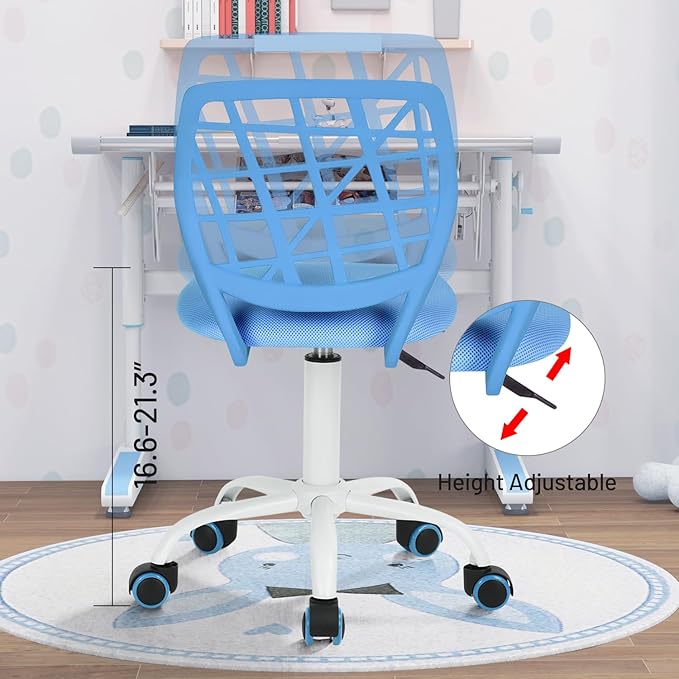 FurnitureR Kids Desk Chair, Small Office Chair Armless Adjsutable Swivel Task Chair with Soft Cushion for Study Kids Teens Child, Blue