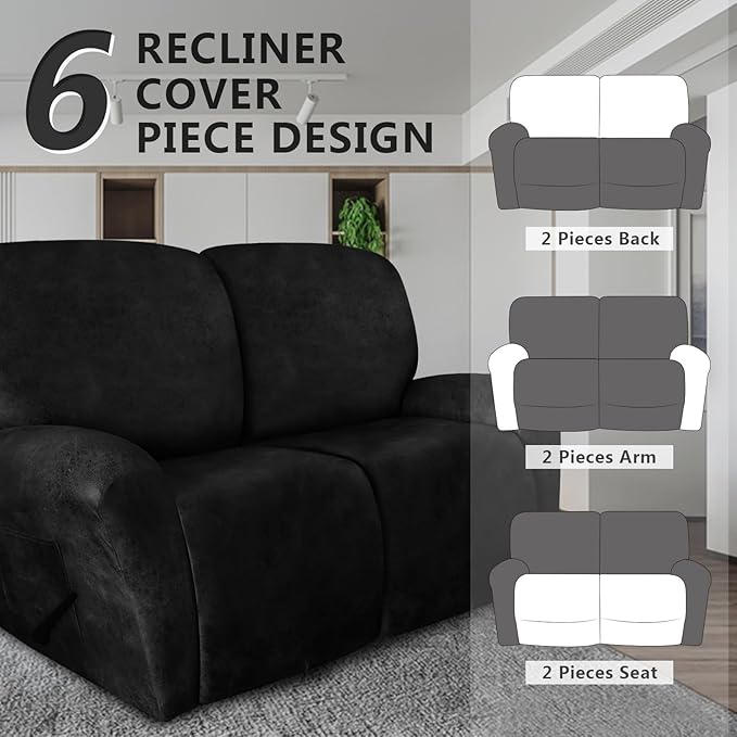 molasofa Loveseat Recliner Slipcover - 6 Pieces Stretch Leather Like Recliner Sofa Cover for 2 Seat Dual Reclining Loveseat Couch Furniture Protector with Elastic Bottom (Black)