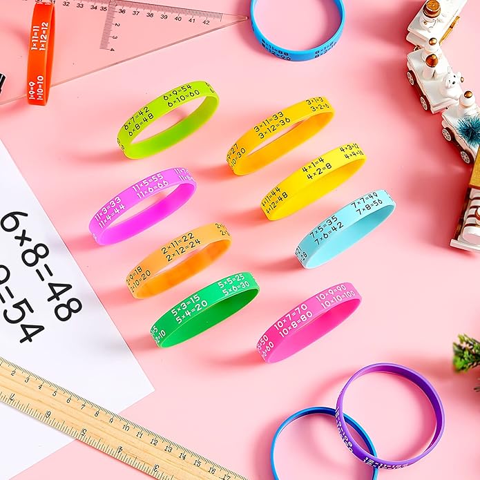 48 Pieces Learn Maths Rubber Bracelets Multiplication Facts Bracelet Stuff Fancy Silicone Bracelets for Events Education Aid Reward Bracelets for Students,12 Colors