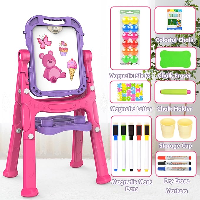 Amagoing Easel for Kids, Adjustable Standing Art Easel for Toddler, Double Drawing Board with Painting Accessories, Birthday Christmas Gift for Little Boys and Girls, Middle Size Purple