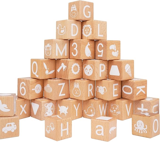 AXEARTE Alphabet Letters Stacking Blocks, 26 Wooden ABC Building Blocks for Toddlers, Number, Animals Icons on Every Side, Preschool Learning Educational Toys Montessori Sensory Toys for Kids