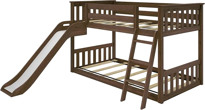 Max & Lily Twin Over Twin Low Bunk with Slide and Ladder, Wooden Bunk beds with 14” Safety Guardrail for Kids, Toddlers, Boys, Girls, Teens, Bedroom Furniture, Walnut