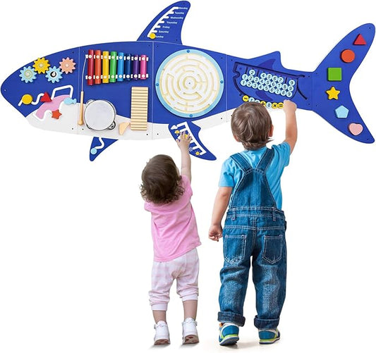 Weihnacht Shark Activity Wall Busy Board Panels,11-in-1 Montessori Sensory Toys, Toddler Learning Activity Center,Wooden Learning Toy Ideal Furniture for Playroom & Children's Daycare