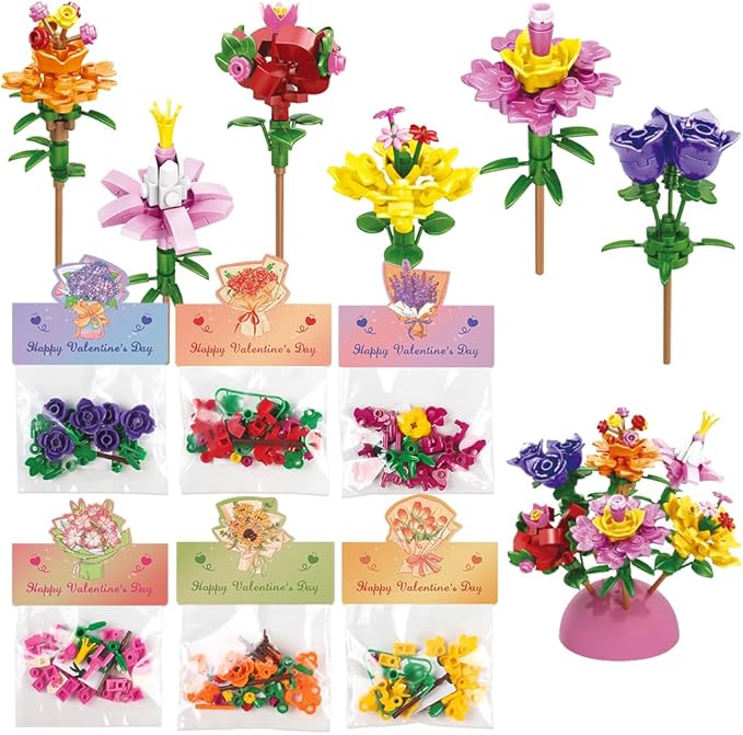24 Pack Valentine's Flower Bouquets Building Blocks - Ideal for Kids Classroom Exchange, Party Favors, and School Gifts, includes Greeting Cards & Variety Designs for Boys and Girls
